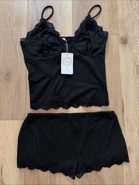 Black Lace-Trim Cami & Shorts Sleep Set